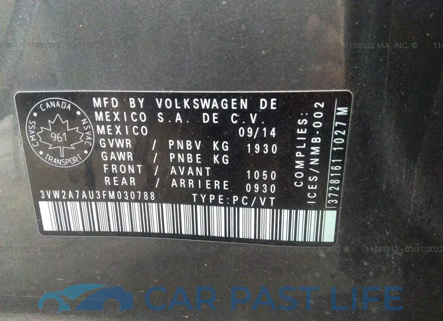 3VW2A7AU3FM030788# 9