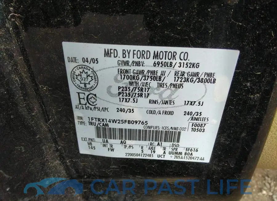 1FTRX14W25FB09765# 9
