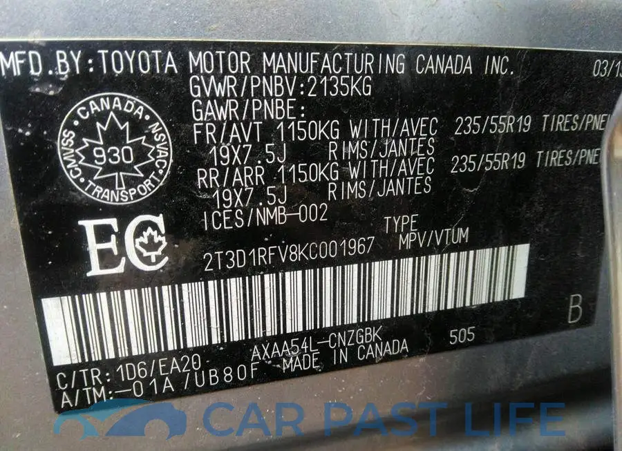 2T3D1RFV8KC001967# 9