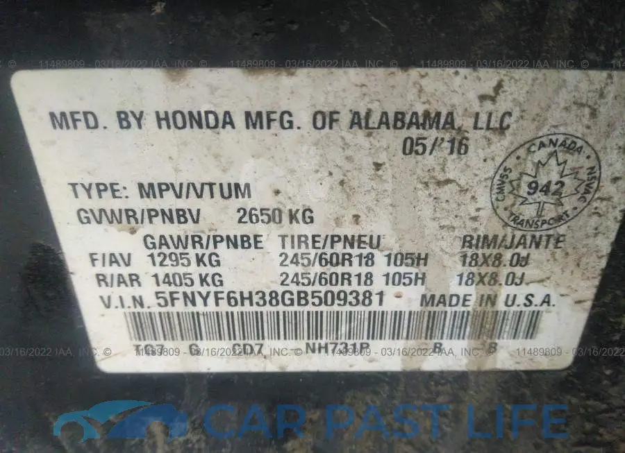 5FNYF6H38GB509381# 9