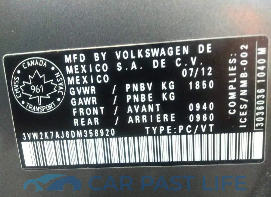 3VW2K7AJ6DM358920# 9