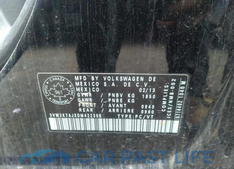 3VW2K7AJXDM422358# 9