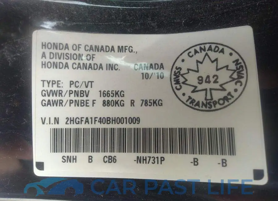 2HGFA1F40BH001009# 9