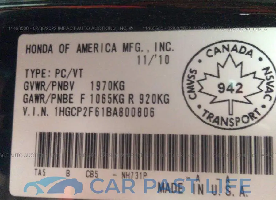 1HGCP2F61BA800806# 9