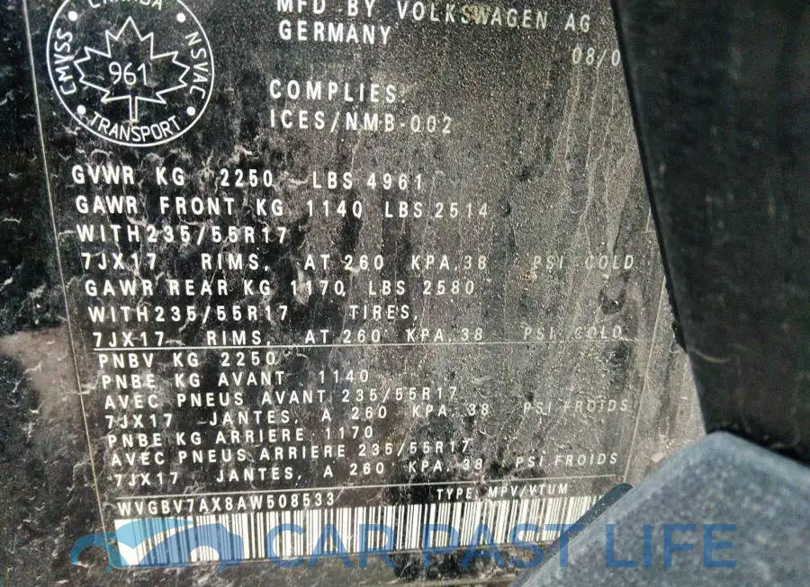 WVGBV7AX8AW508533# 9