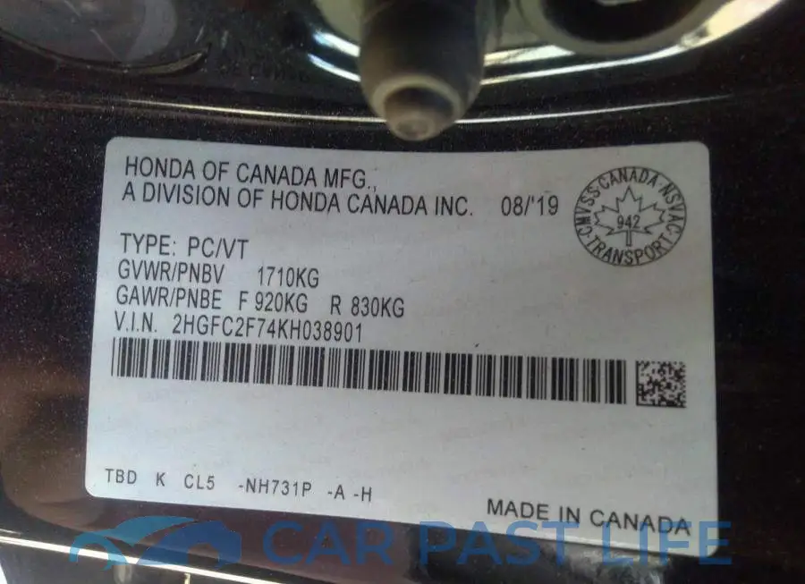 2HGFC2F74KH038901# 9