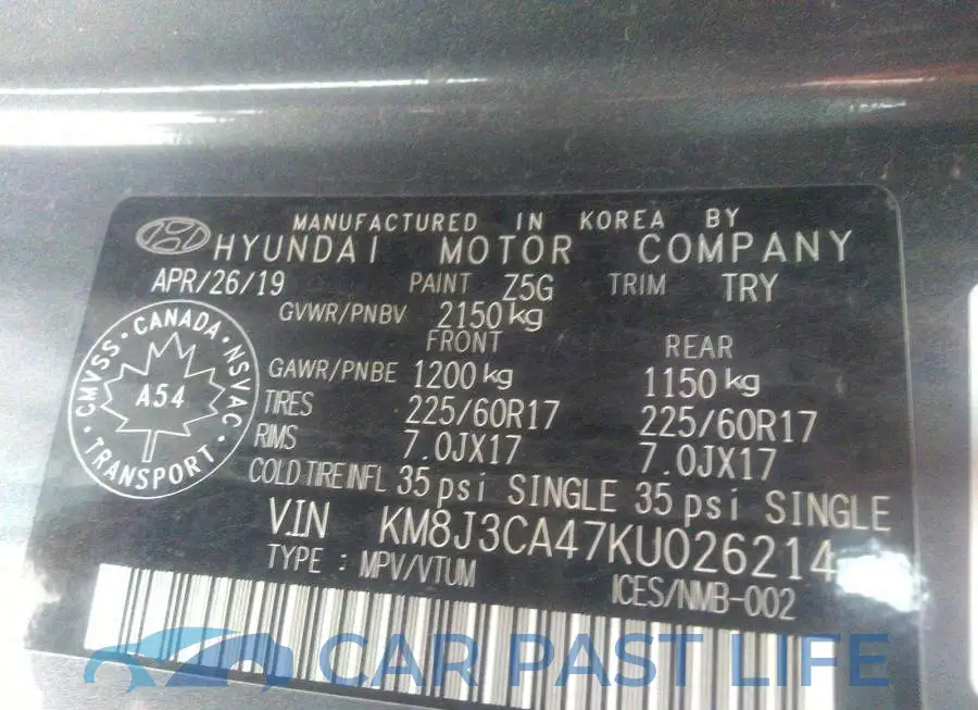 KM8J3CA47KU026214# 9