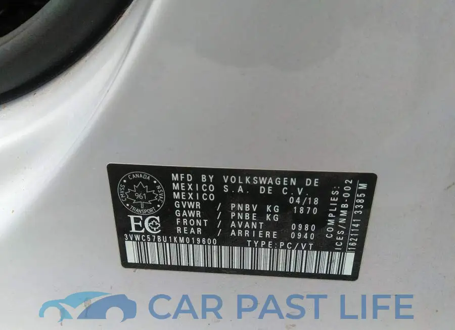 3VWC57BU1KM019600# 9
