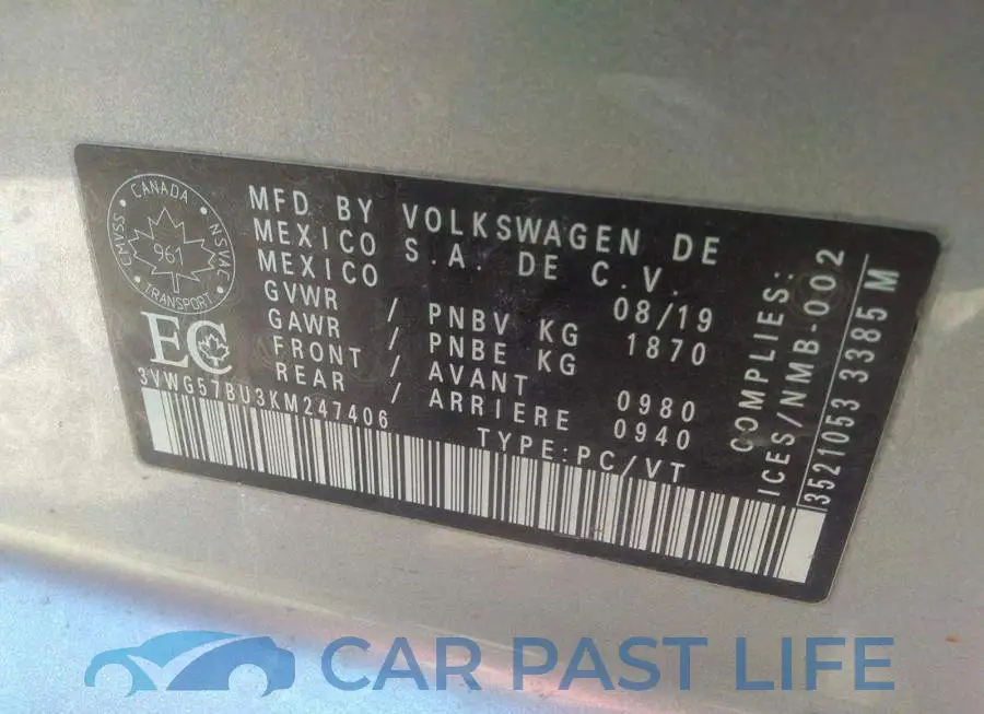 3VWG57BU3KM247406# 9