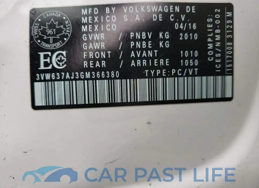 3VW637AJ3GM366380# 10