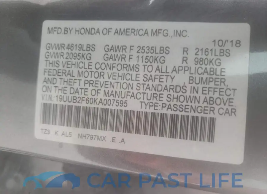 19UUB2F60KA007595# 10