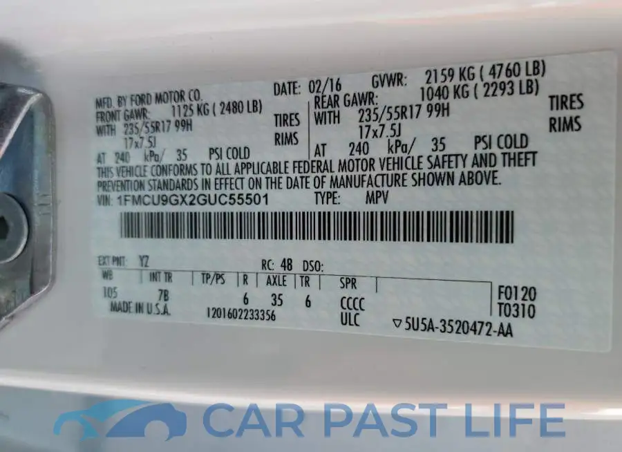1FMCU9GX2GUC55501# 10