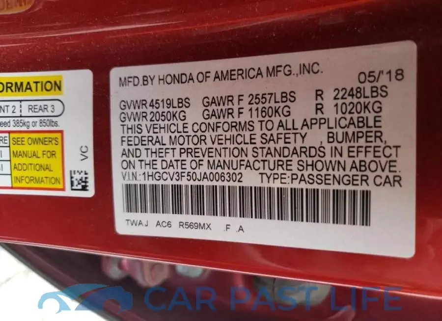 1HGCV3F50JA006302# 10