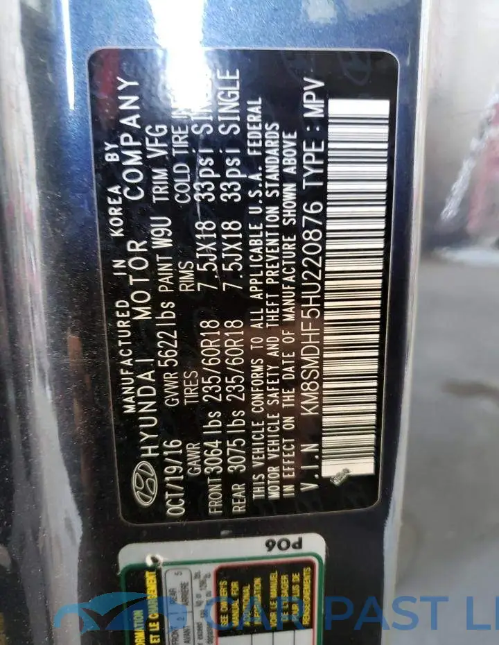 KM8SMDHF5HU220876# 10
