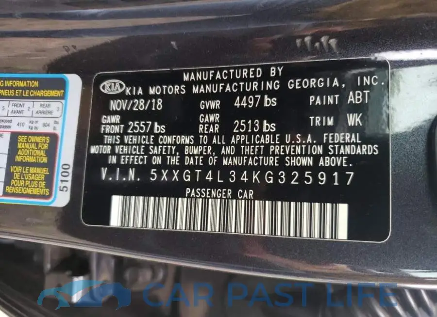 5XXGT4L34KG325917# 10