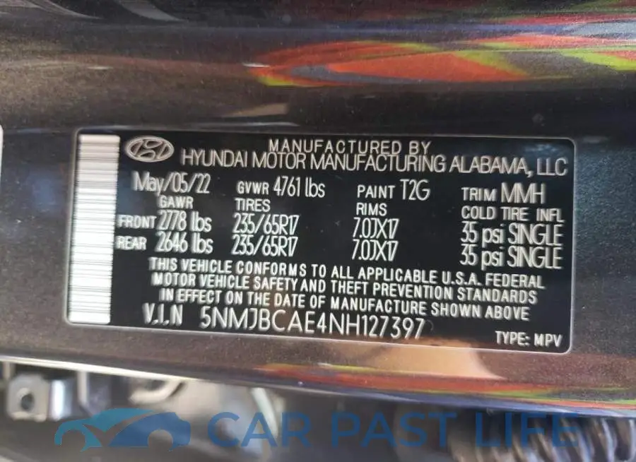 5NMJBCAE4NH127397# 10