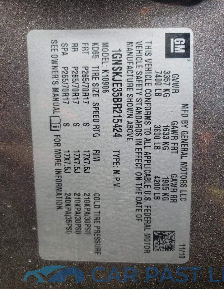 1GNSKJE35BR215424# 10