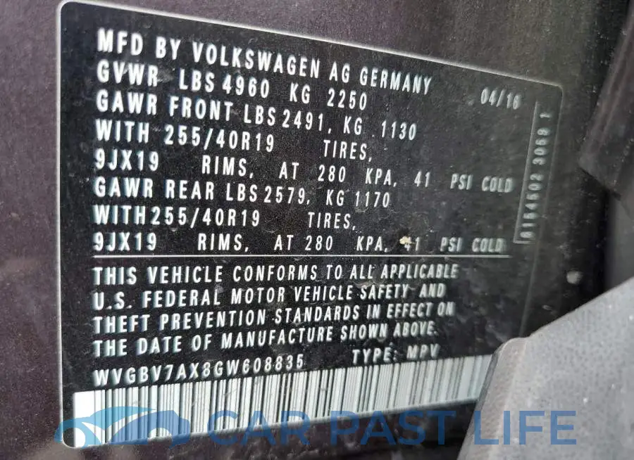 WVGBV7AX8GW608835# 10