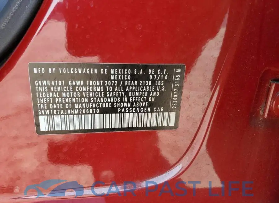 3VW167AJ6HM206870# 10