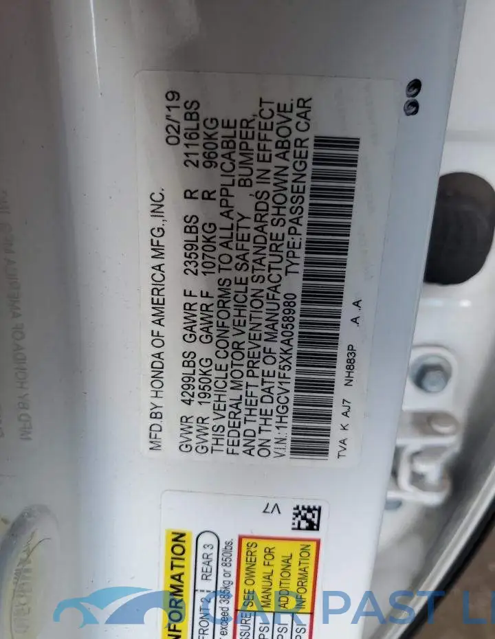 1HGCV1F5XKA058980# 10