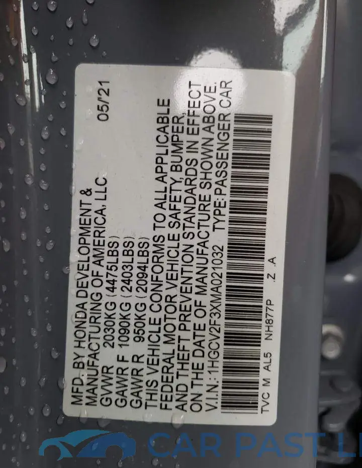 1HGCV2F3XMA021032# 10