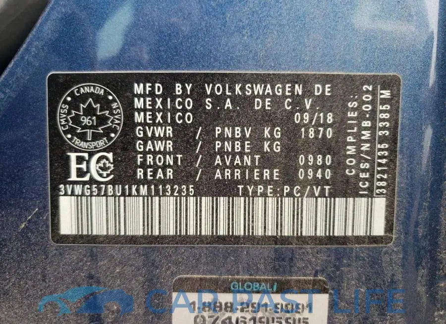 3VWG57BU1KM113235# 10