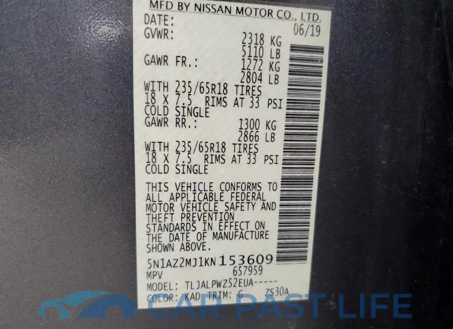5N1AZ2MJ1KN153609# 10