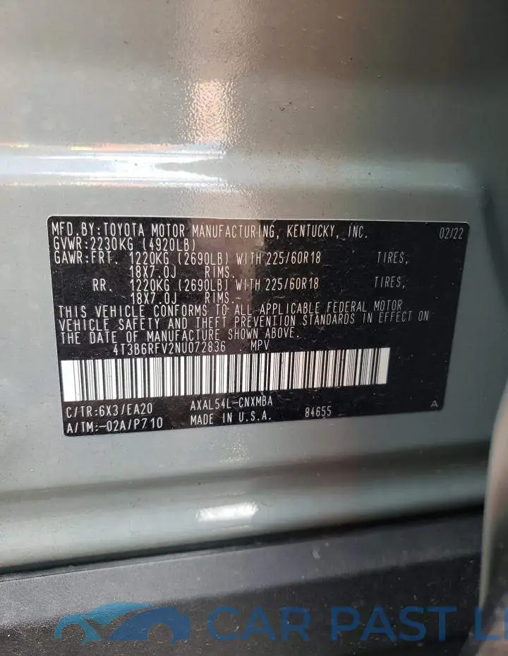 4T3B6RFV2NU072836# 10