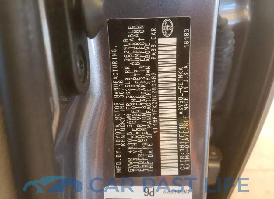 4T1BF1FK2HU280462# 10