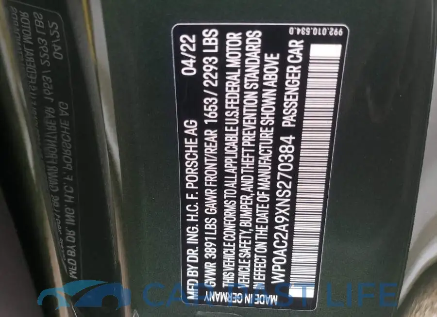 WP0AC2A9XNS270384# 10