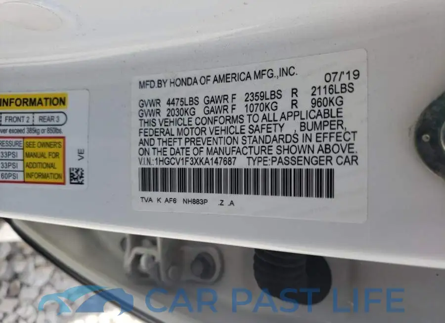 1HGCV1F3XKA147687# 10