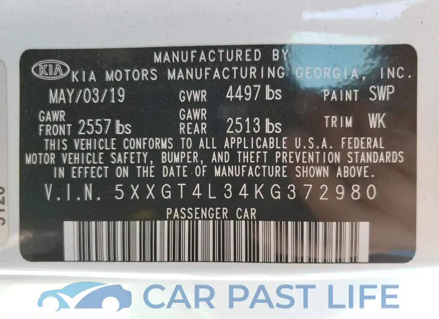 5XXGT4L34KG372980# 10