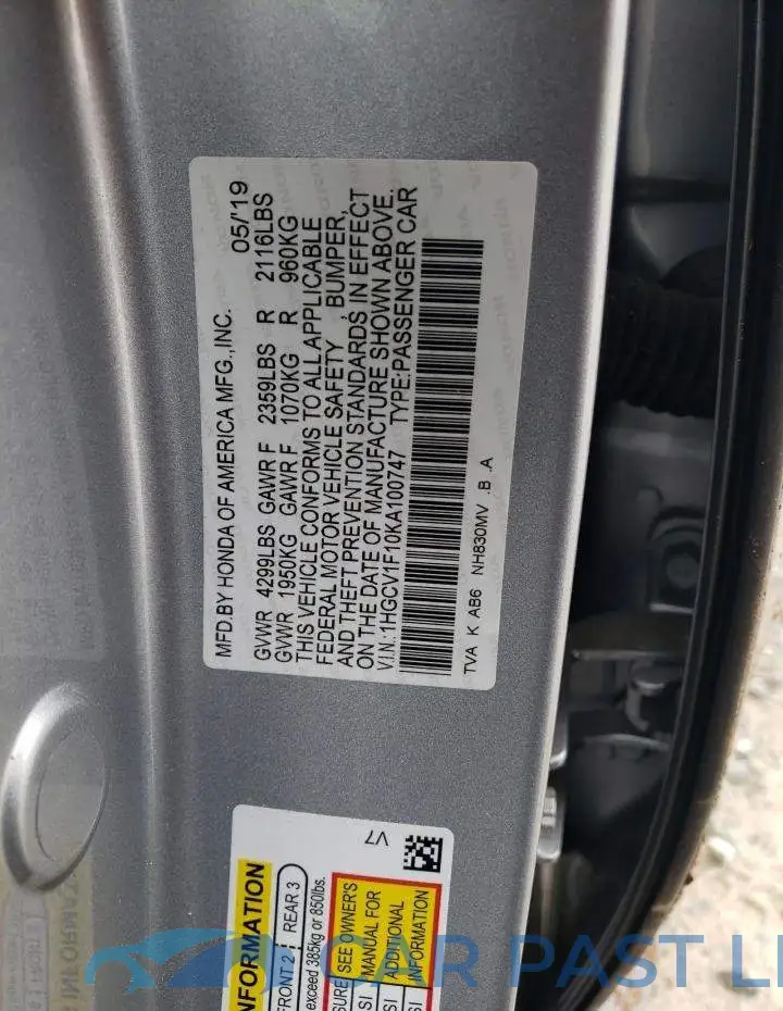 1HGCV1F10KA100747# 10