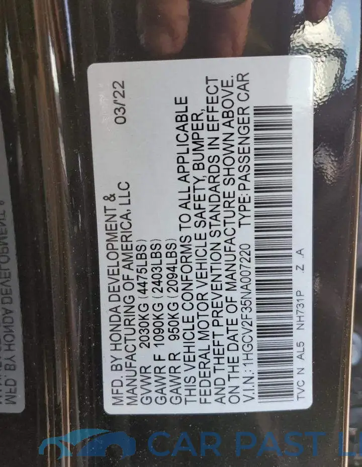 1HGCV2F35NA007220# 10