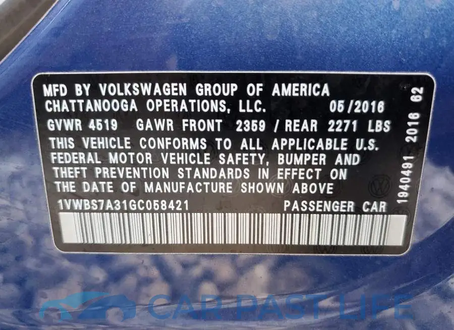 1VWBS7A31GC058421# 10