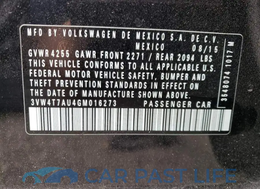3VW4T7AU4GM016273# 10