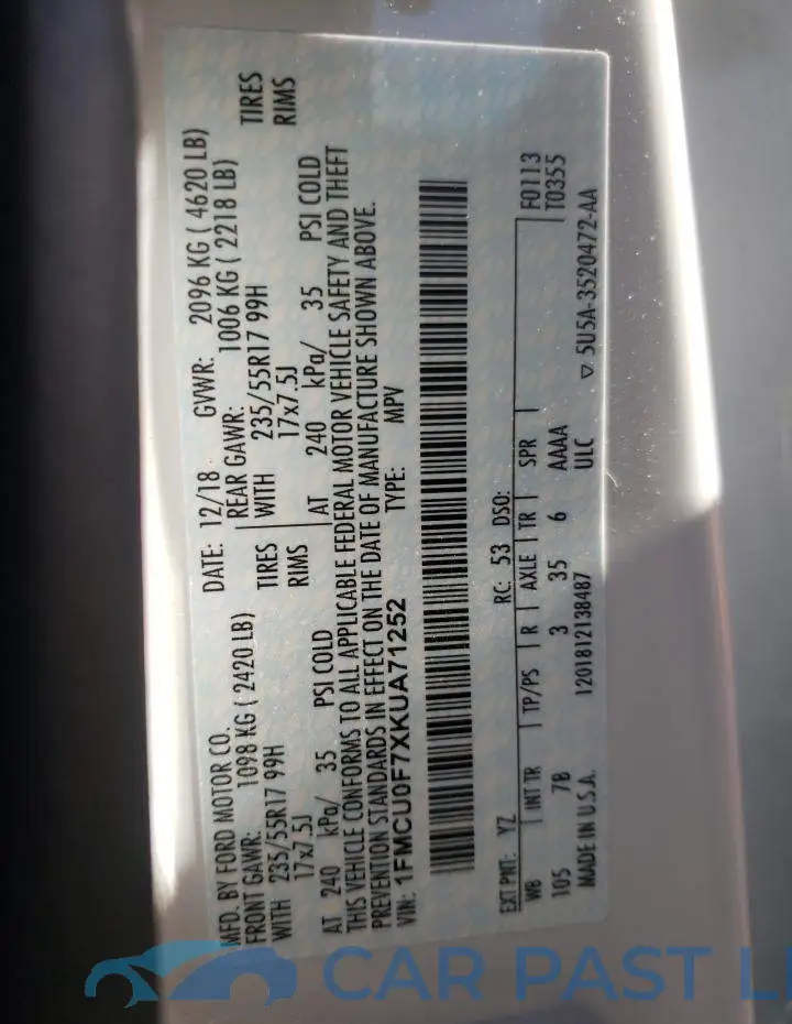 1FMCU0F7XKUA71252# 10