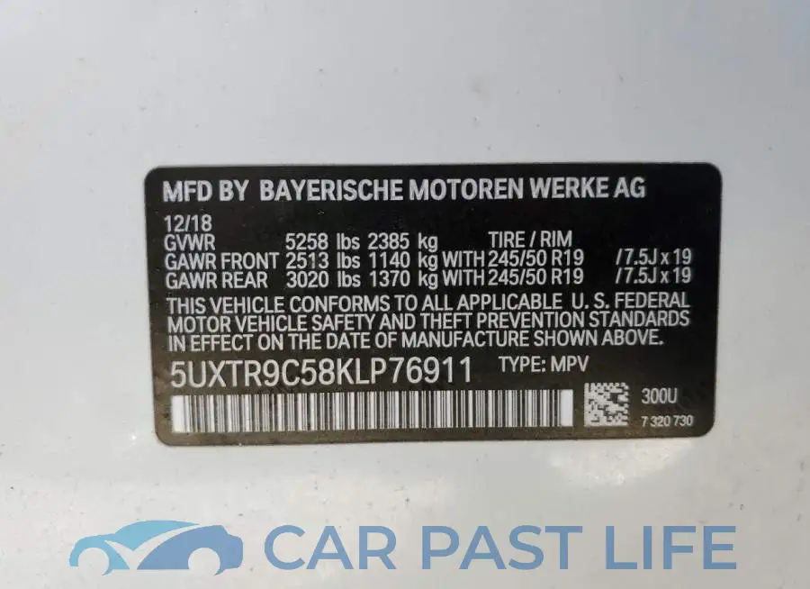 5UXTR9C58KLP76911# 10