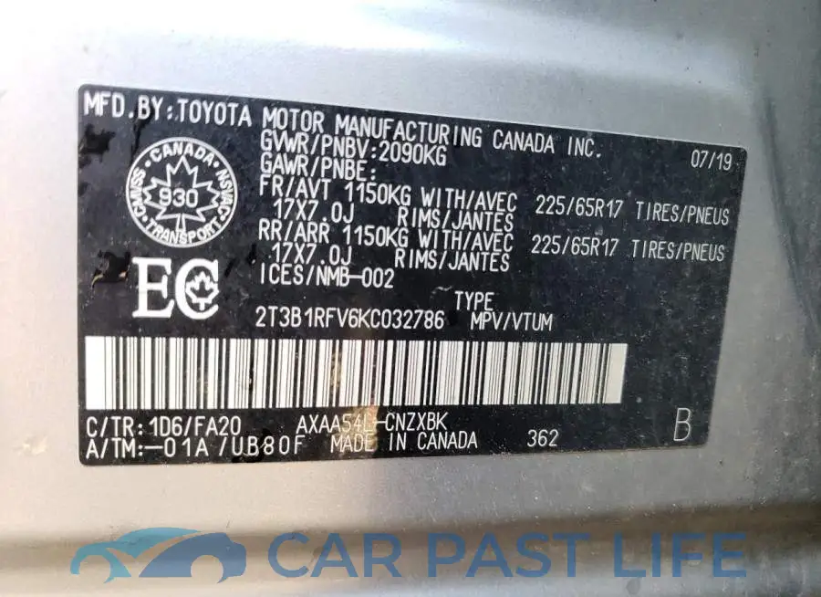 2T3B1RFV6KC032786# 10