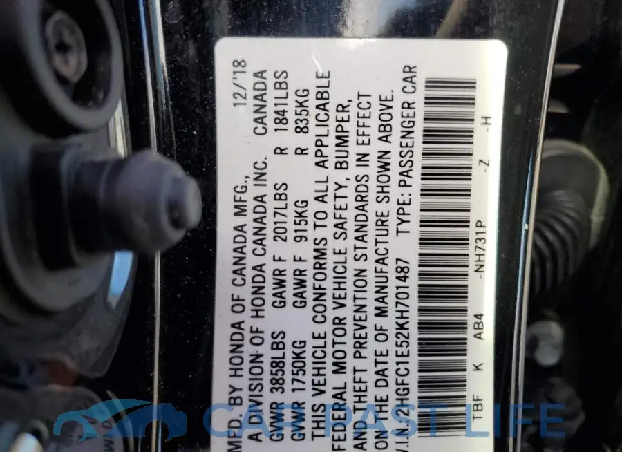 2HGFC1E52KH701487# 10