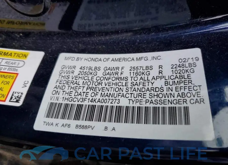 1HGCV3F14KA007273# 10