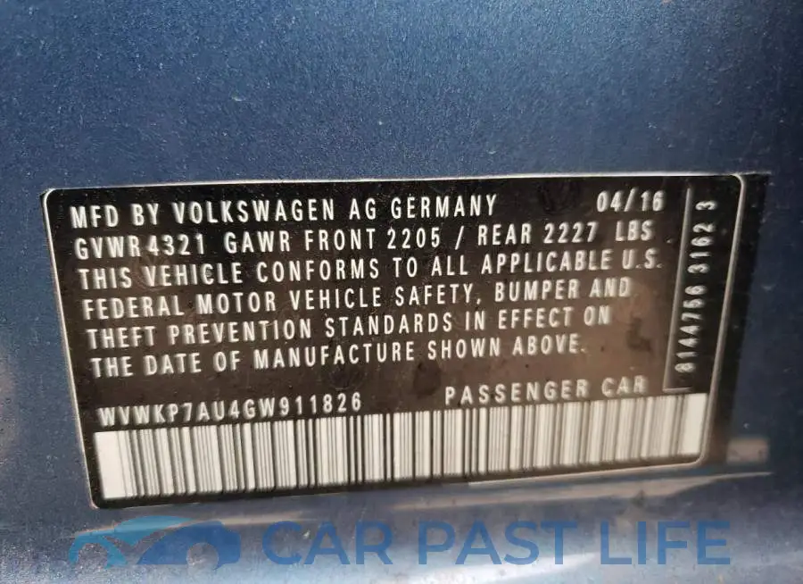 WVWKP7AU4GW911826# 13