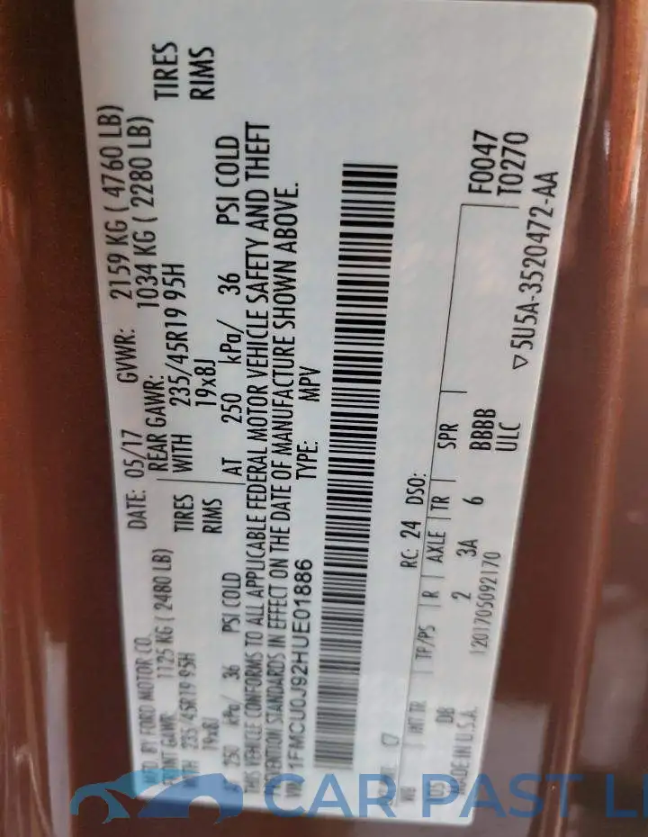 1FMCU0J92HUE01886# 10