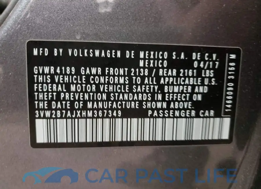 3VW2B7AJXHM367349# 10