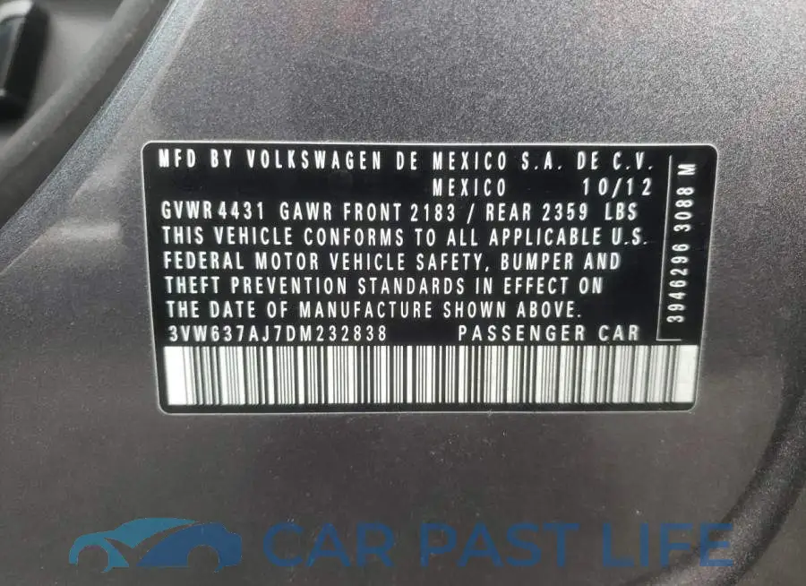 3VW637AJ7DM232838# 10