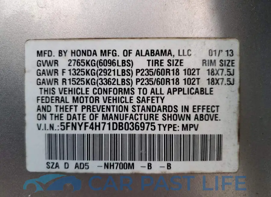 5FNYF4H71DB036975# 10