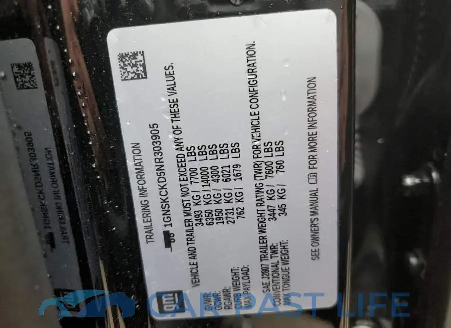 1GNSKCKD5NR303905# 10
