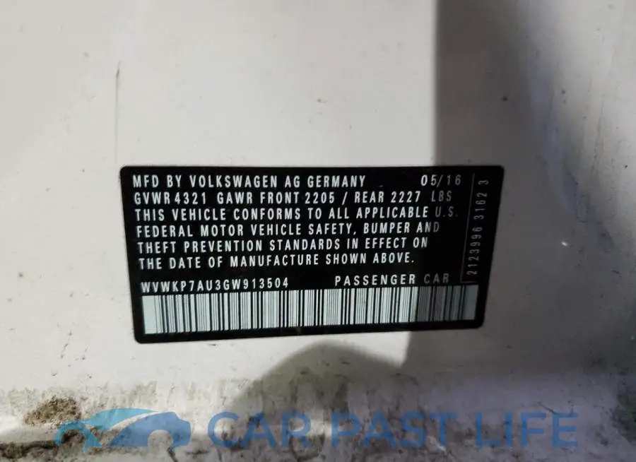 WVWKP7AU3GW913504# 12