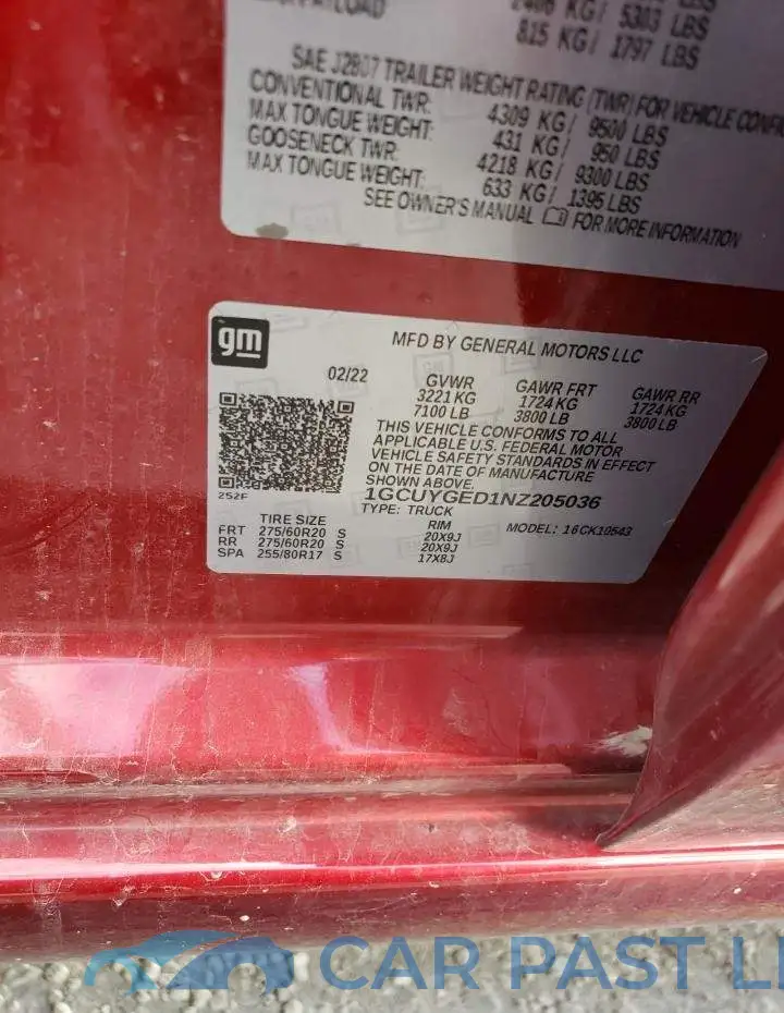 1GCUYGED1NZ205036# 10