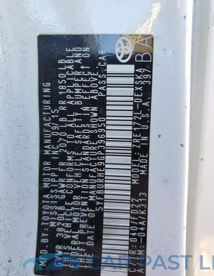 5YFBURHE9GP396950# 12